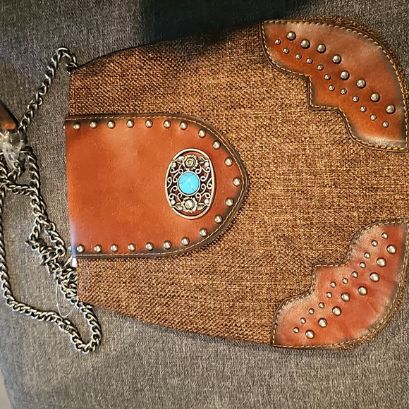 Unknown Handbags - Western Brown Cowgirl Turquoise & Silver Accentsq Crossbody Canvas Tooled Han…